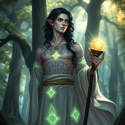 A Shadar-Kai cleric of light, standing confidently in a mystical forest