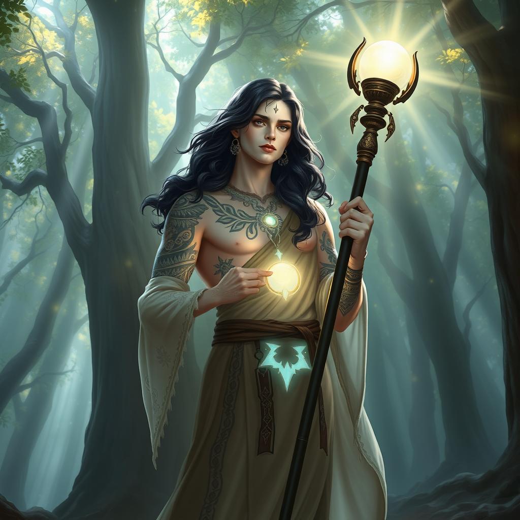 A Shadar-Kai cleric of light, standing confidently in a mystical forest