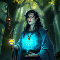 A Shadar-Kai cleric of light, standing confidently in a mystical forest