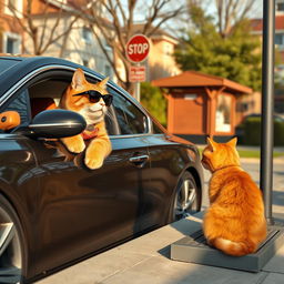 A wealthy cat pulls up to a bus stop in an expensive car, engaging in conversation with a sitting, poor ginger cat at the bus stop