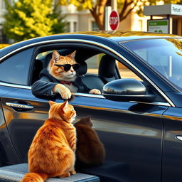A wealthy cat pulls up to a bus stop in an expensive car, engaging in conversation with a sitting, poor ginger cat at the bus stop