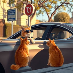 A wealthy cat pulls up to a bus stop in an expensive car, engaging in conversation with a sitting, poor ginger cat at the bus stop