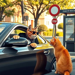 A wealthy cat pulls up to a bus stop in an expensive car, engaging in conversation with a sitting, poor ginger cat at the bus stop