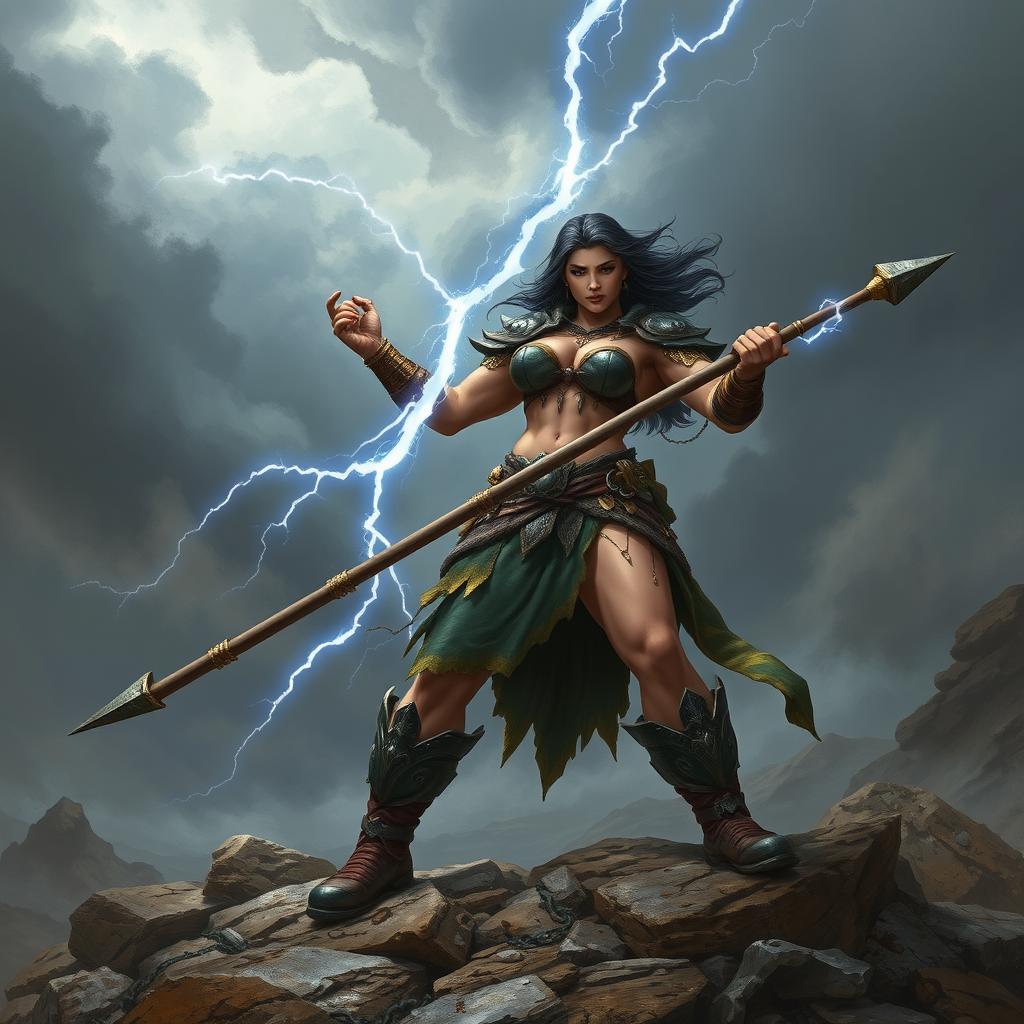 A powerful female Goliath warrior with large, muscular build and dark hair, standing confidently on a rugged battlefield