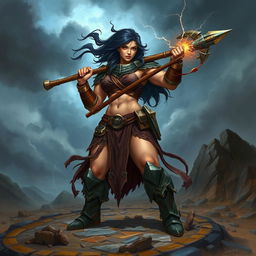A powerful female Goliath warrior with large, muscular build and dark hair, standing confidently on a rugged battlefield