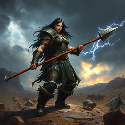A powerful female Goliath warrior with large, muscular build and dark hair, standing confidently on a rugged battlefield