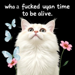 A white cat with long, fluffy fur as the central focus, looking upwards with wide open eyes and a slight smile