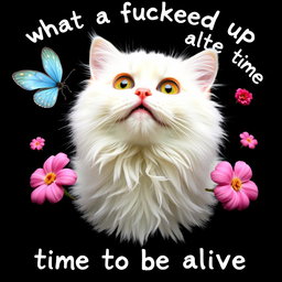 A white cat with long, fluffy fur as the central focus, looking upwards with wide open eyes and a slight smile