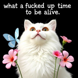 A white cat with long, fluffy fur as the central focus, looking upwards with wide open eyes and a slight smile