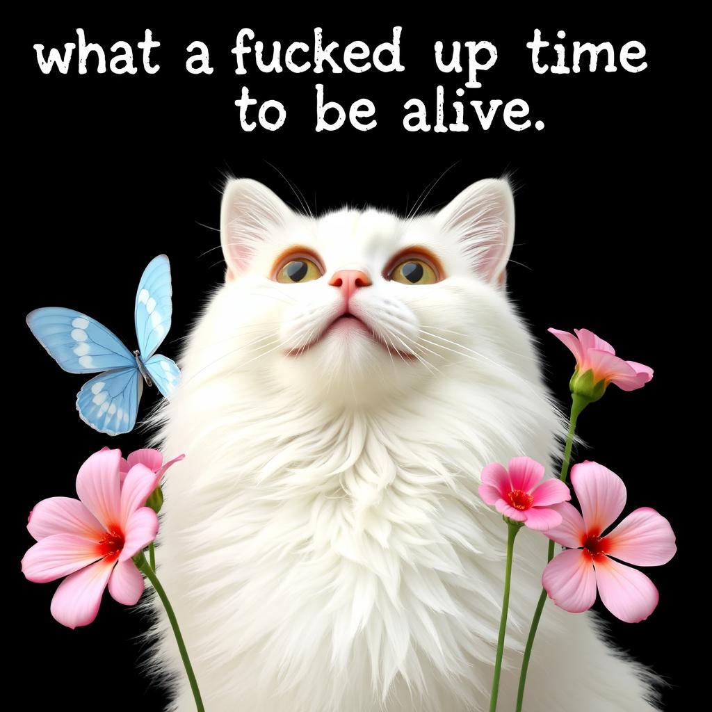 A white cat with long, fluffy fur as the central focus, looking upwards with wide open eyes and a slight smile