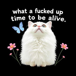 A white cat with long, fluffy fur as the central focus, looking upwards with wide open eyes and a slight smile