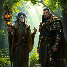 A Shadar-Kai cleric of light, embodying chaos and neutrality, stands in a lush enchanted glade