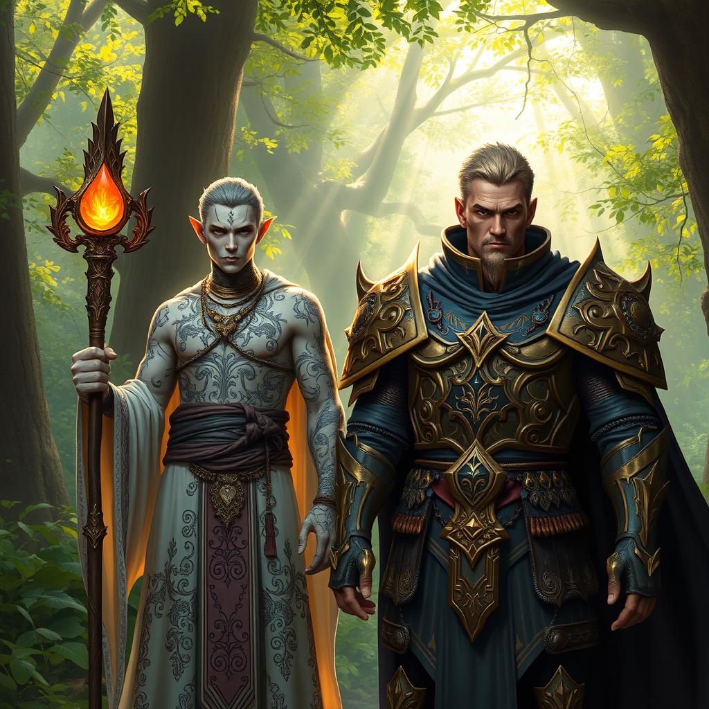 A Shadar-Kai cleric of light, embodying chaos and neutrality, stands in a lush enchanted glade