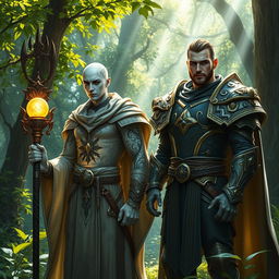 A Shadar-Kai cleric of light, embodying chaos and neutrality, stands in a lush enchanted glade