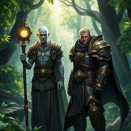 A Shadar-Kai cleric of light, embodying chaos and neutrality, stands in a lush enchanted glade