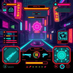A vibrant pixel art game UI featuring a cyberpunk aesthetic with neon colors and futuristic designs