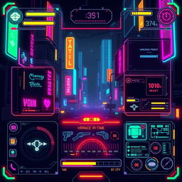 A vibrant pixel art game UI featuring a cyberpunk aesthetic with neon colors and futuristic designs