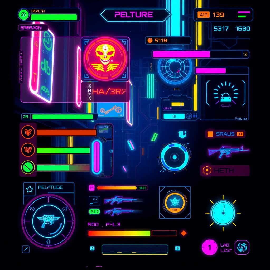 A vibrant pixel art game UI featuring a cyberpunk aesthetic with neon colors and futuristic designs