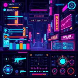 A vibrant pixel art game UI featuring a cyberpunk aesthetic with neon colors and futuristic designs