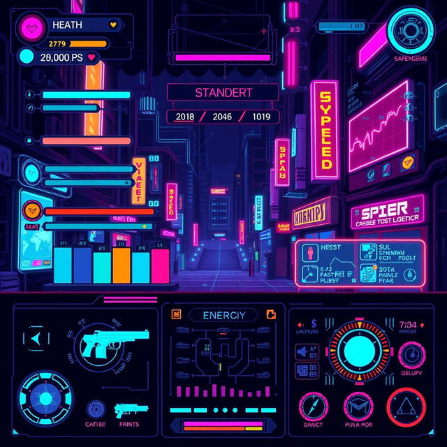 A vibrant pixel art game UI featuring a cyberpunk aesthetic with neon colors and futuristic designs