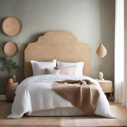 A sophisticated and calming bedroom featuring a beautiful Venetian plaster wall, a white linen bed, and a stylish rattan headboard.