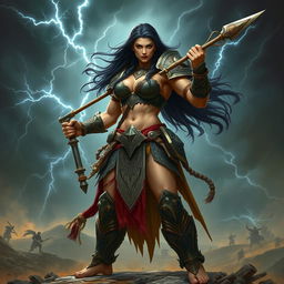 A female Goliath warrior with large, muscular build and long, dark hair