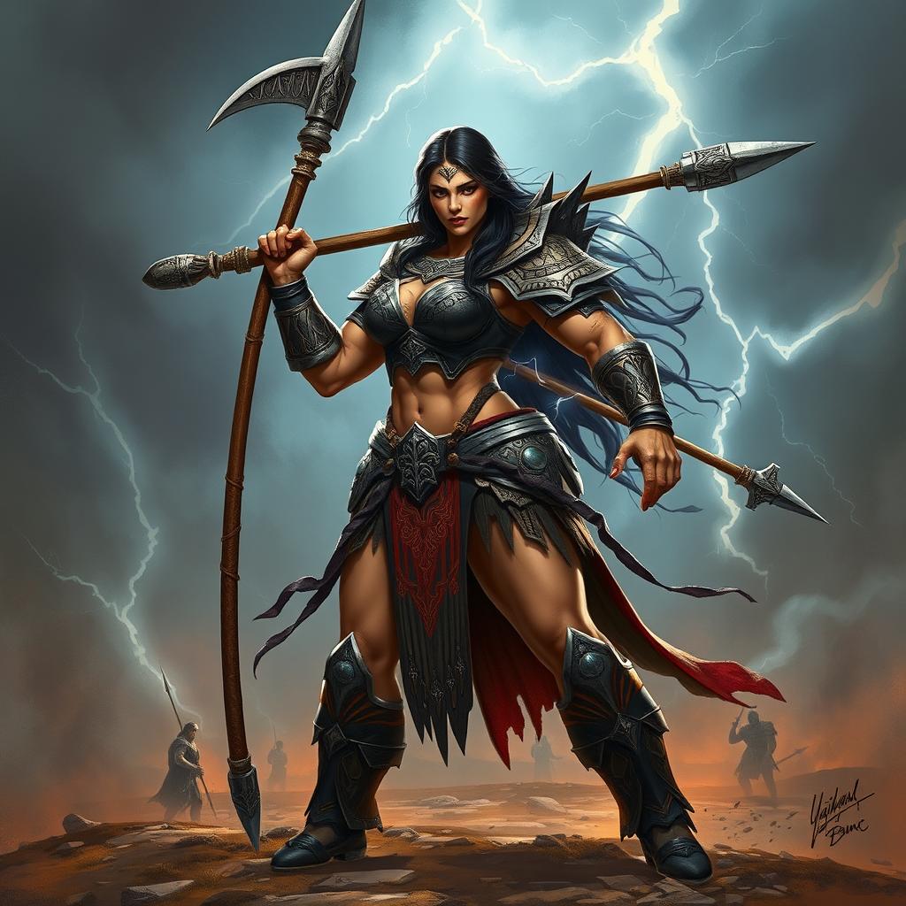 A female Goliath warrior with large, muscular build and long, dark hair