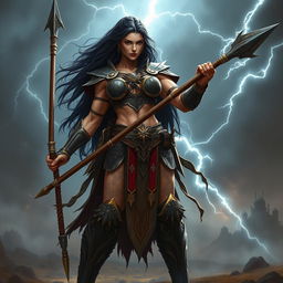 A female Goliath warrior with large, muscular build and long, dark hair