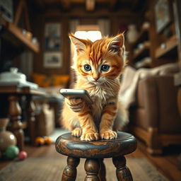 A poor ginger kitten sitting on a small stool at home, intently looking at a smartphone