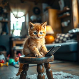 A poor ginger kitten sitting on a small stool at home, intently looking at a smartphone