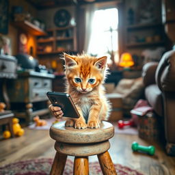 A poor ginger kitten sitting on a small stool at home, intently looking at a smartphone