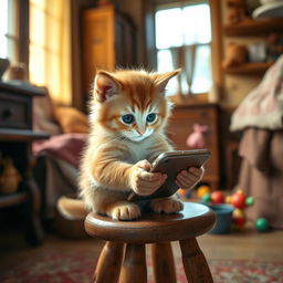 A poor ginger kitten sitting on a small stool at home, intently looking at a smartphone