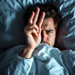 An individual lying in bed, partially hidden under white covers, with a hand raised in a frustrated gesture