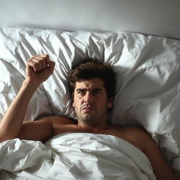 An individual lying in bed, partially hidden under white covers, with a hand raised in a frustrated gesture