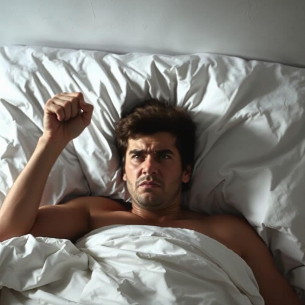 An individual lying in bed, partially hidden under white covers, with a hand raised in a frustrated gesture