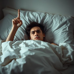 An individual lying in bed, partially hidden under white covers, with a hand raised in a frustrated gesture