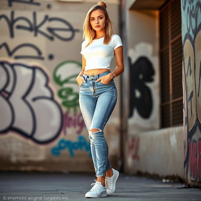 A stylish young woman wearing form-fitting denim jeans, paired with a chic white top and fashionable sneakers