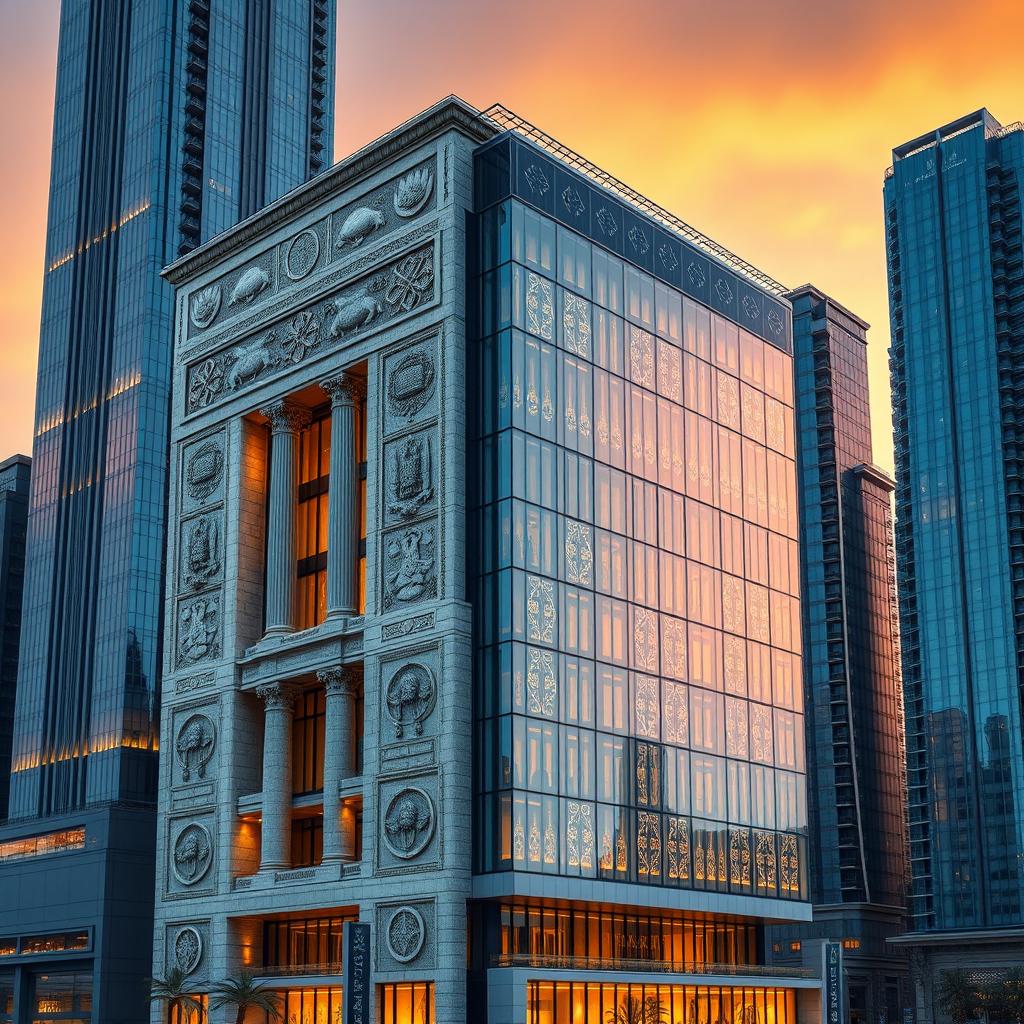 A 15-story building combining two styles: Iranian Achaemenid and modern, blending historical and futuristic elements
