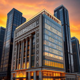 A 15-story building combining two styles: Iranian Achaemenid and modern, blending historical and futuristic elements
