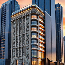 A 15-story building combining two styles: Iranian Achaemenid and modern, blending historical and futuristic elements
