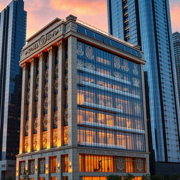 A 15-story building combining two styles: Iranian Achaemenid and modern, blending historical and futuristic elements