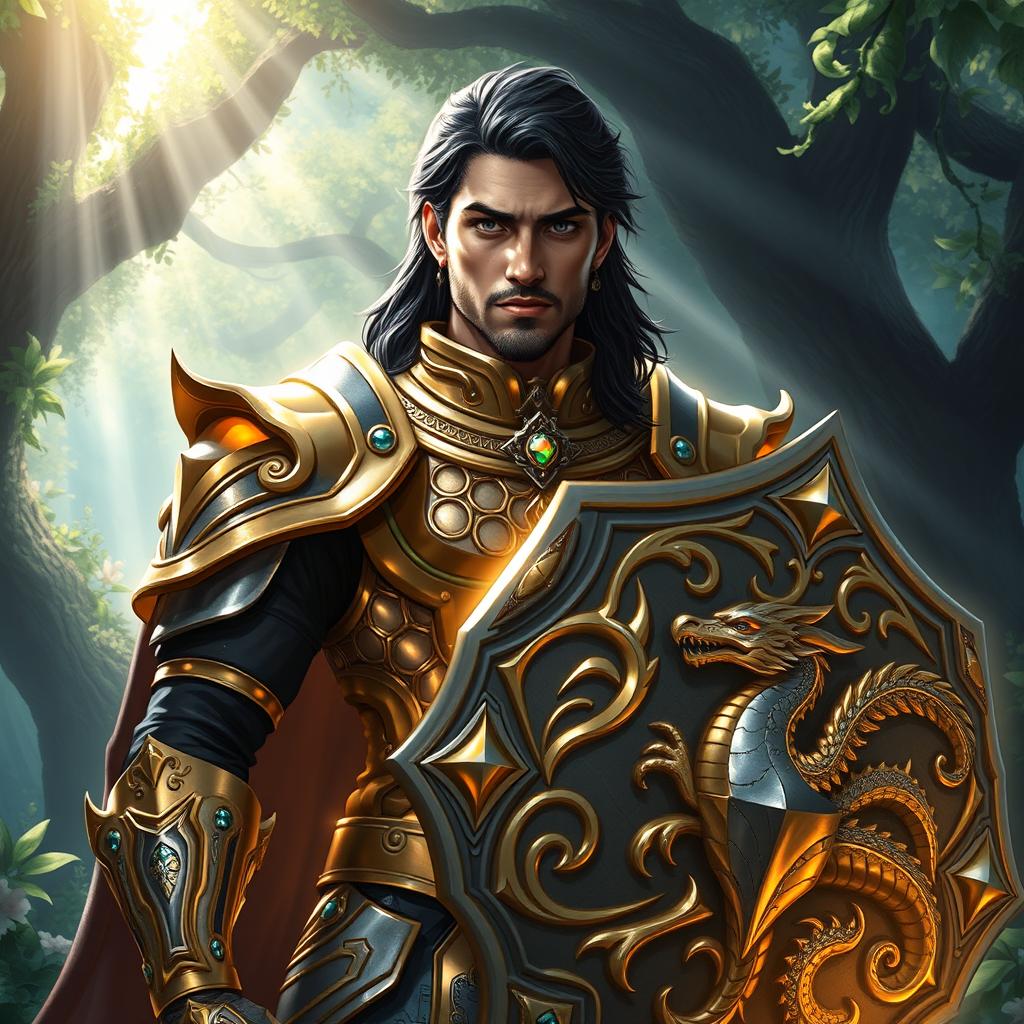 A Shadar-Kai male cleric of light in a mystical forest, embodying a chaotic neutral alignment