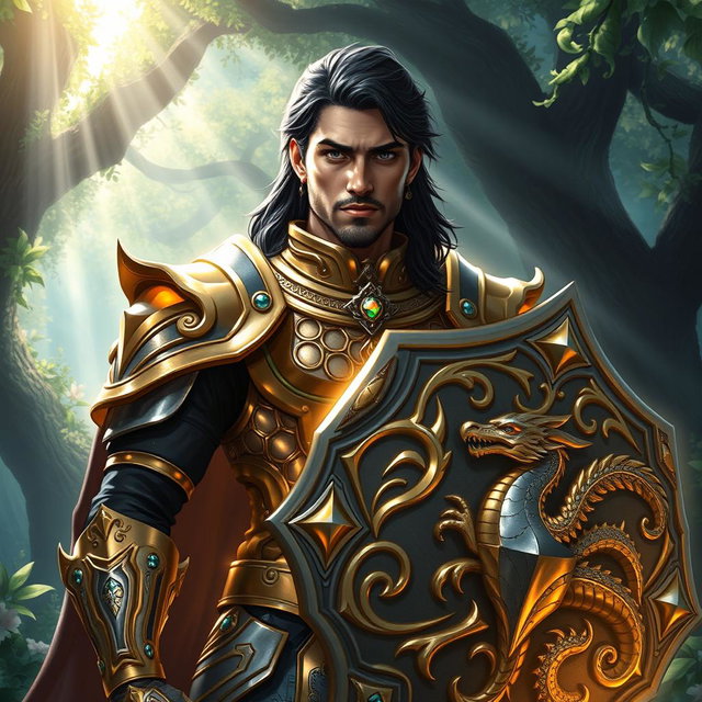 A Shadar-Kai male cleric of light in a mystical forest, embodying a chaotic neutral alignment