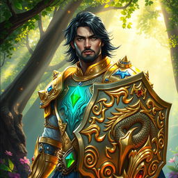 A Shadar-Kai male cleric of light in a mystical forest, embodying a chaotic neutral alignment