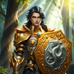 A Shadar-Kai male cleric of light in a mystical forest, embodying a chaotic neutral alignment