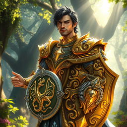 A Shadar-Kai male cleric of light in a mystical forest, embodying a chaotic neutral alignment