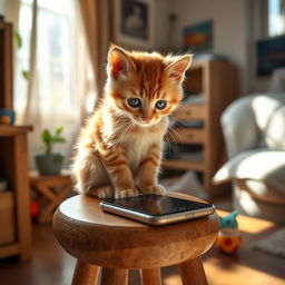 A poor ginger kitten sitting on a small stool at home, gazing at a smartphone that is lying on a wooden table in front of it