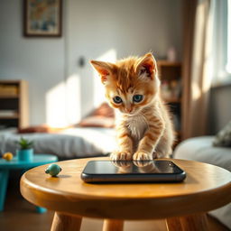 A poor ginger kitten sitting on a small stool at home, gazing at a smartphone that is lying on a wooden table in front of it