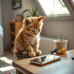 A poor ginger kitten sitting on a small stool at home, gazing at a smartphone that is lying on a wooden table in front of it