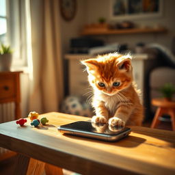 A poor ginger kitten sitting on a small stool at home, gazing at a smartphone that is lying on a wooden table in front of it